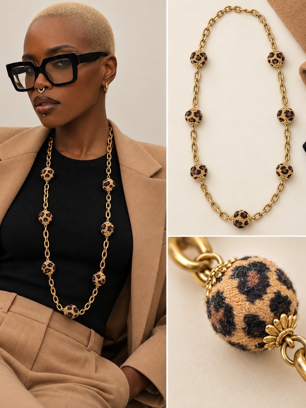 Leopard Bead Gold-Chain Long Necklace - Women Jewelry